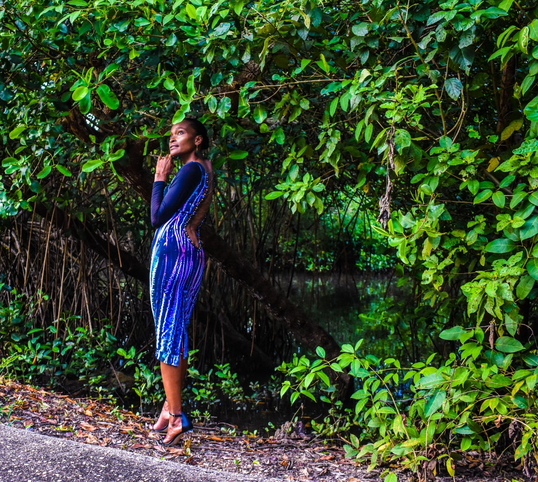 Reflections of the Mangrove Backless Beaded Bodycon Dress Photo-Synthesis Designs TT Reflections of the Mangrove Backless Beaded Bodycon Dress Photo-Synthesis Designs TT